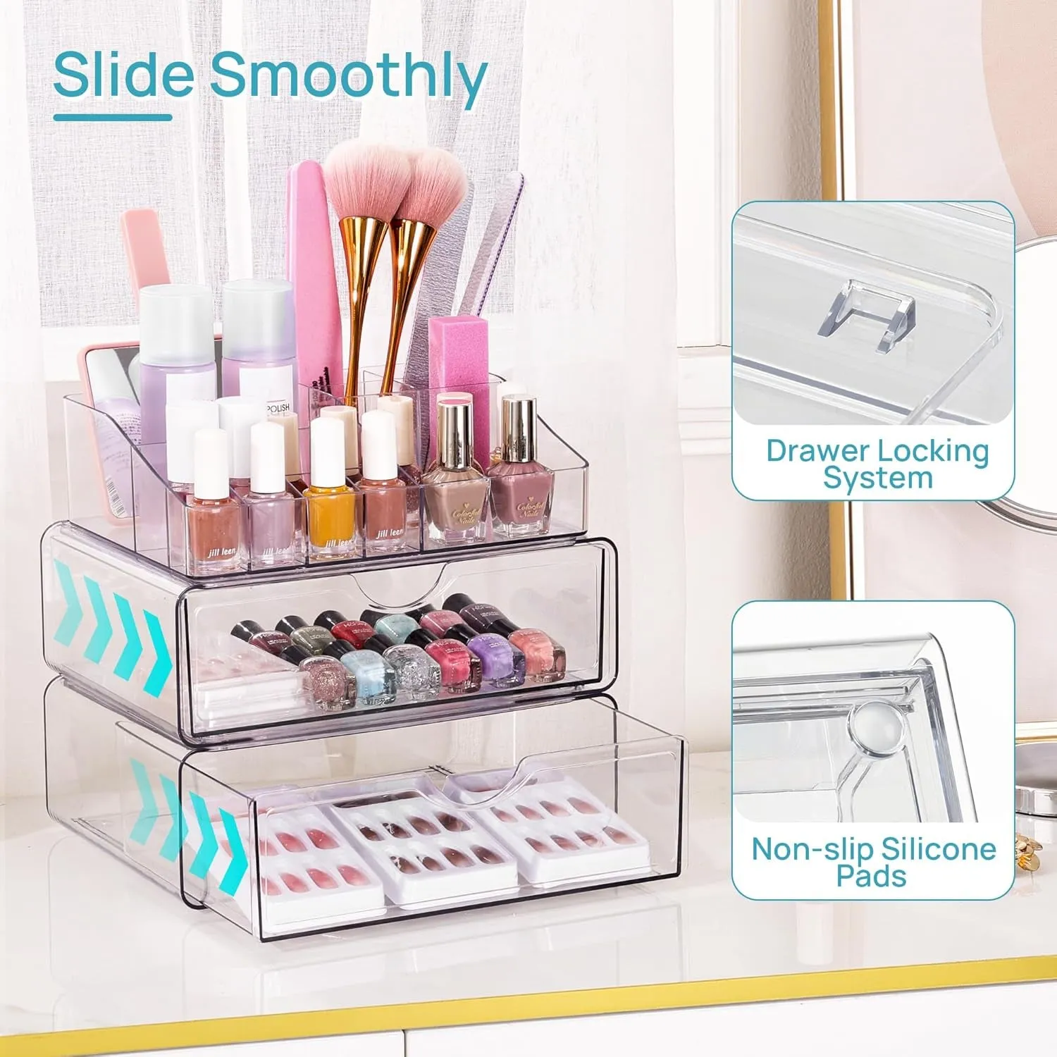 3 Tier Clear Makeup Organizer with Drawer, Cosmetic Storage for Dresser Countertop and Bathroom Vanity, Beauty Holder for Lipstick Brush Skincare