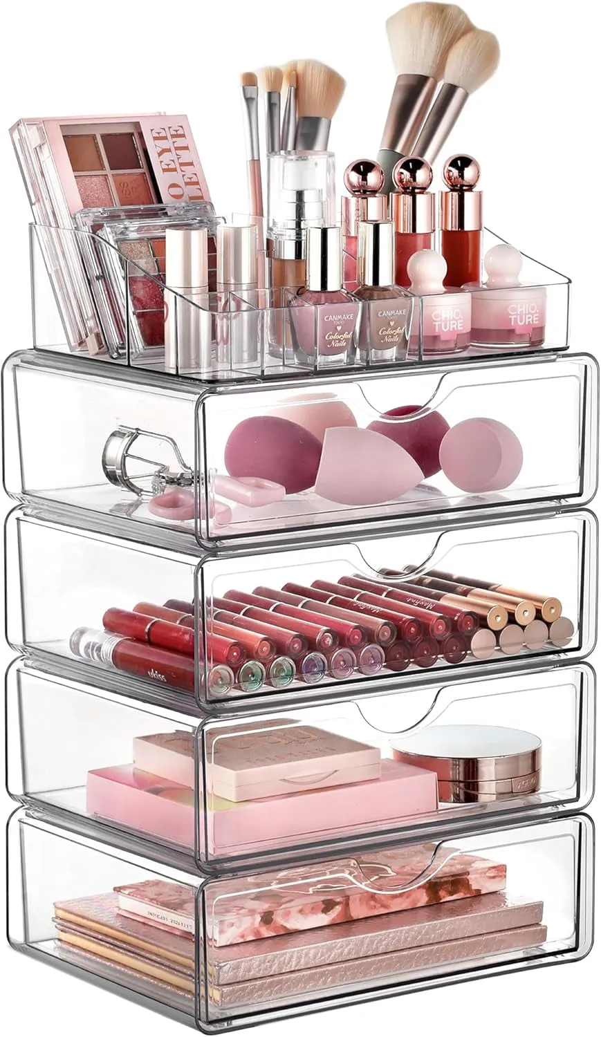 3 Tier Clear Makeup Organizer with Drawer, Cosmetic Storage for Dresser Countertop and Bathroom Vanity, Beauty Holder for Lipstick Brush Skincare