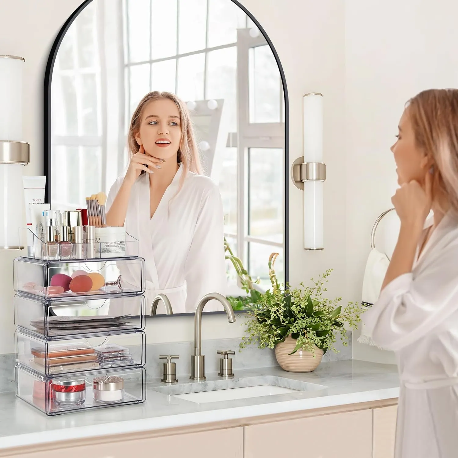 3 Tier Clear Makeup Organizer with Drawer, Cosmetic Storage for Dresser Countertop and Bathroom Vanity, Beauty Holder for Lipstick Brush Skincare