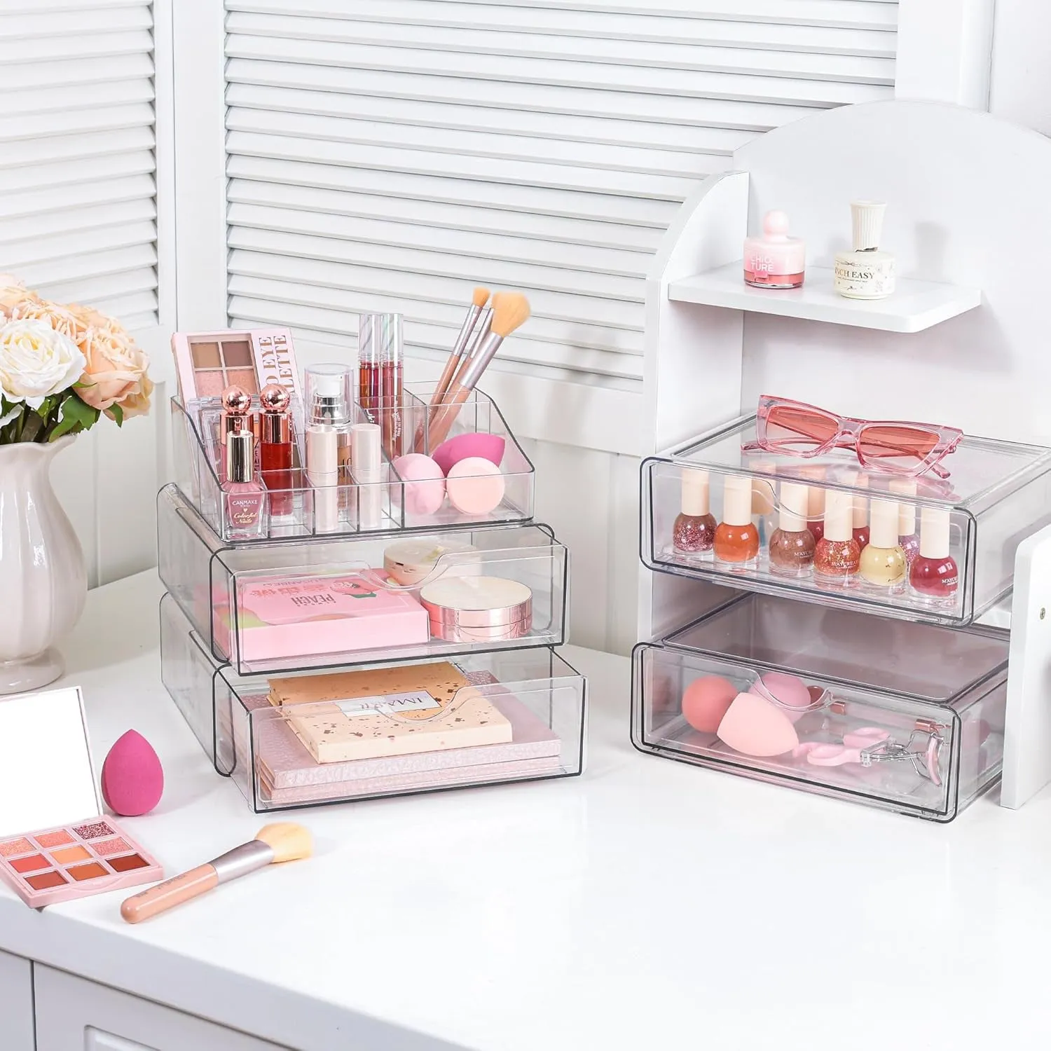 3 Tier Clear Makeup Organizer with Drawer, Cosmetic Storage for Dresser Countertop and Bathroom Vanity, Beauty Holder for Lipstick Brush Skincare