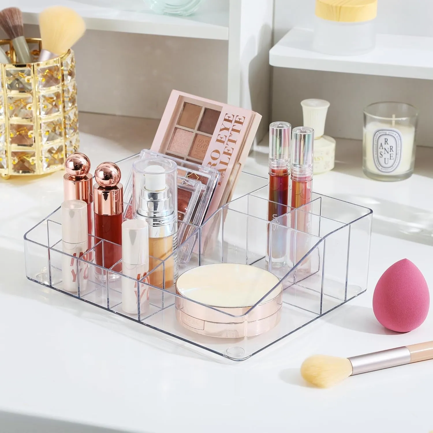 3 Tier Clear Makeup Organizer with Drawer, Cosmetic Storage for Dresser Countertop and Bathroom Vanity, Beauty Holder for Lipstick Brush Skincare
