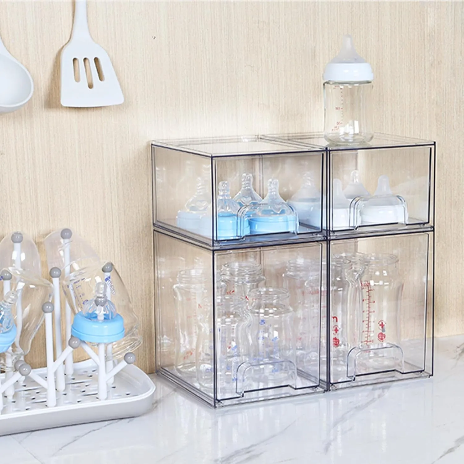 4 Pack Clear Stackable Storage Drawers,7.6" H Plastic Organizers Bins for Skincare, Bathroom Supplies,Ideal for Cabinet,Undersink,Vanity,Kitchen,Pantry Organization