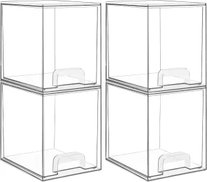4 Pack Clear Stackable Storage Drawers,7.6" H Plastic Organizers Bins for Skincare, Bathroom Supplies,Ideal for Cabinet,Undersink,Vanity,Kitchen,Pantry Organization