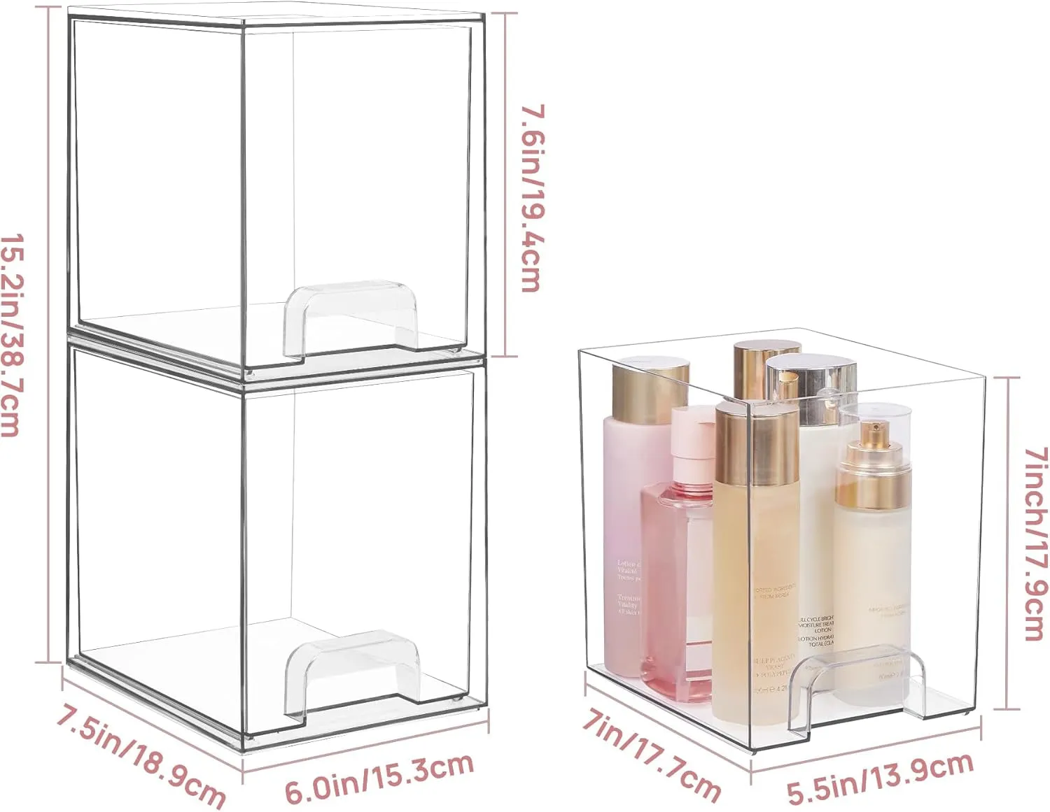 4 Pack Clear Stackable Storage Drawers,7.6" H Plastic Organizers Bins for Skincare, Bathroom Supplies,Ideal for Cabinet,Undersink,Vanity,Kitchen,Pantry Organization
