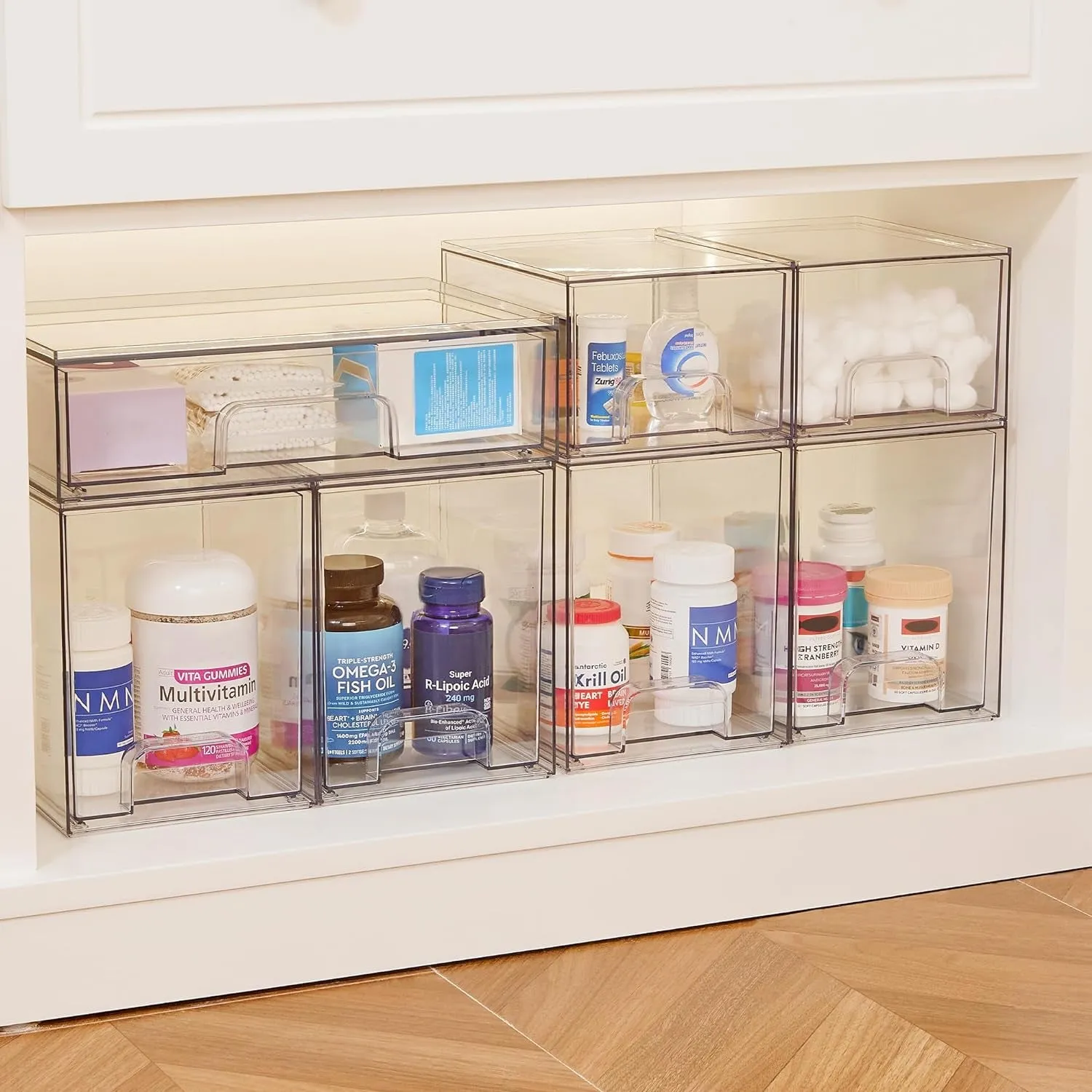 4 Pack Clear Stackable Storage Drawers,7.6" H Plastic Organizers Bins for Skincare, Bathroom Supplies,Ideal for Cabinet,Undersink,Vanity,Kitchen,Pantry Organization
