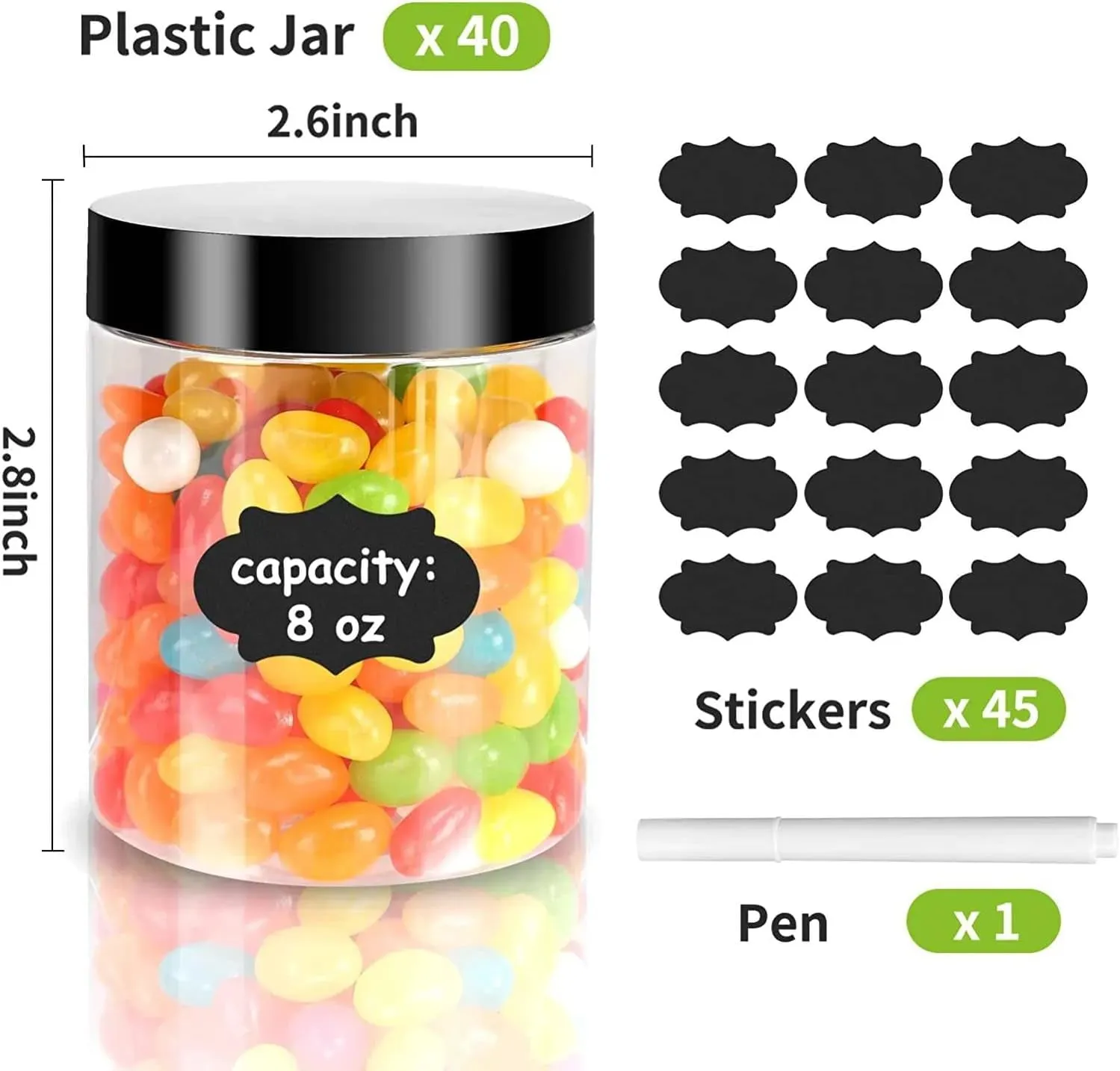 40 Pack Plastic Jars with Lids,  8 Oz Clear Slime Cosmetics Containers with Pen and Labels, Leakproof Storage Jars, PET Empty Jars with Black Lids for Kitchen Cookie Candy Spices Dry Food Cream
