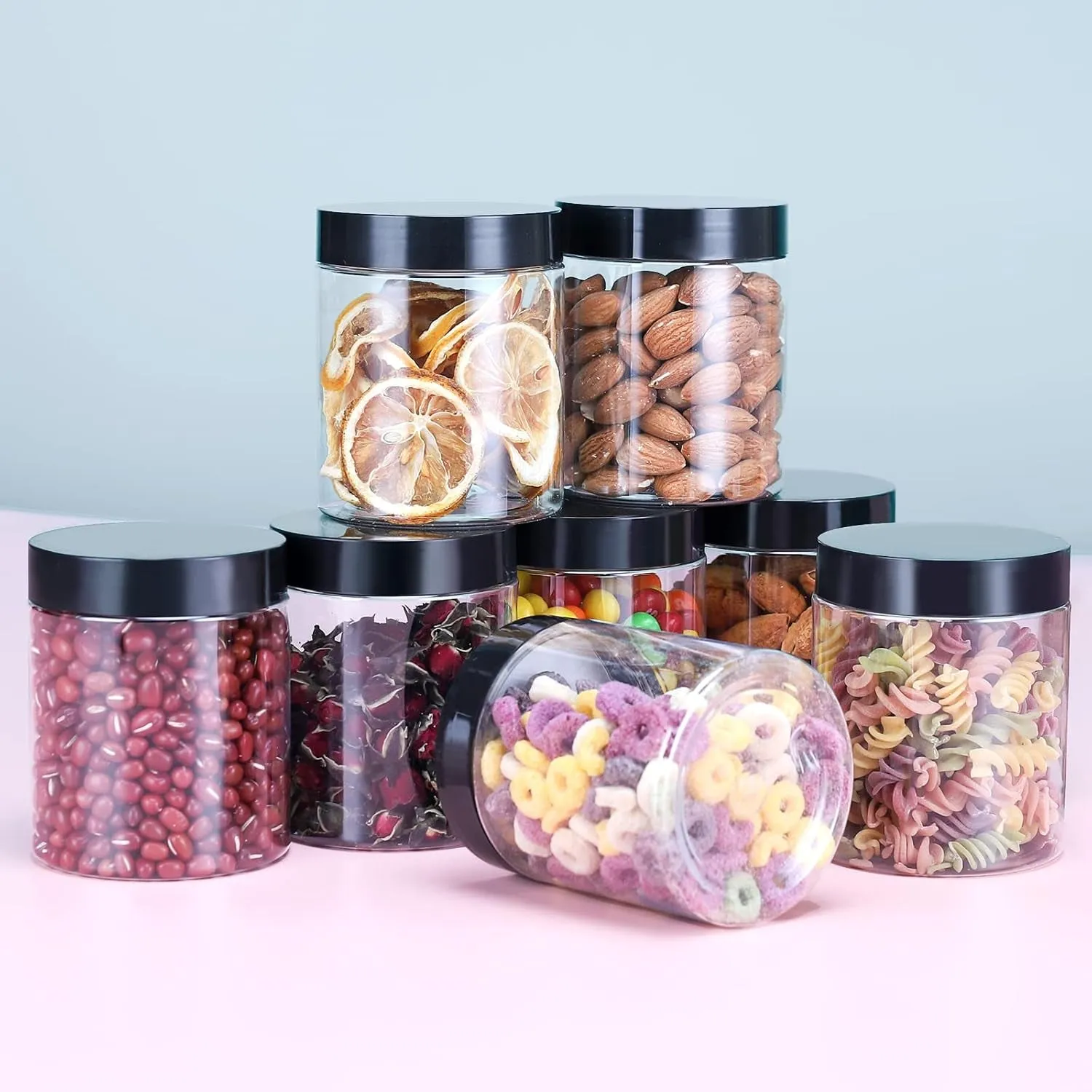 40 Pack Plastic Jars with Lids,  8 Oz Clear Slime Cosmetics Containers with Pen and Labels, Leakproof Storage Jars, PET Empty Jars with Black Lids for Kitchen Cookie Candy Spices Dry Food Cream