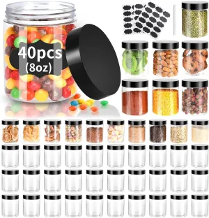 40 Pack Plastic Jars with Lids,  8 Oz Clear Slime Cosmetics Containers with Pen and Labels, Leakproof Storage Jars, PET Empty Jars with Black Lids for Kitchen Cookie Candy Spices Dry Food Cream