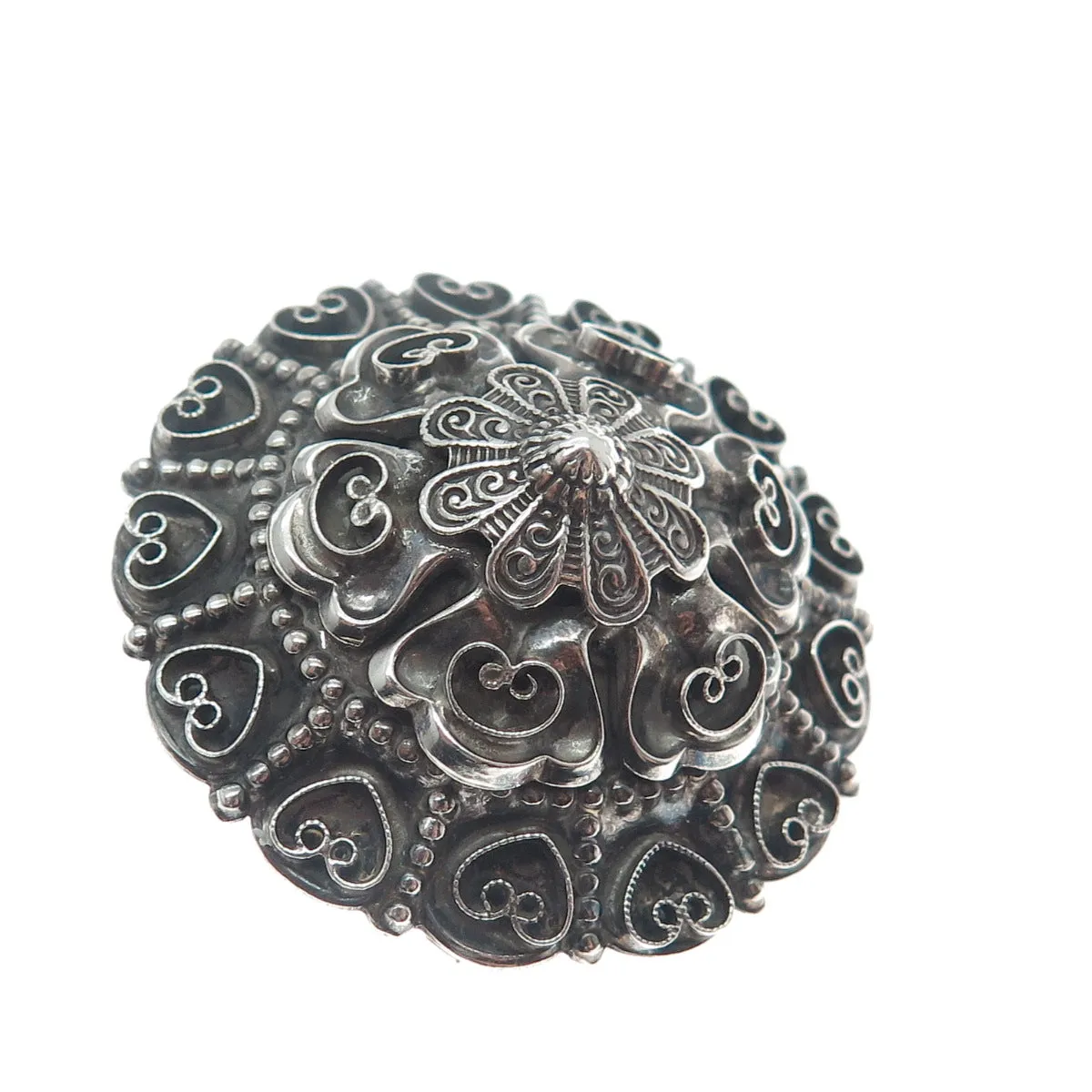 925 Sterling Silver Antique Art Deco Filigree Floral Heart Oxidized Pin Brooch