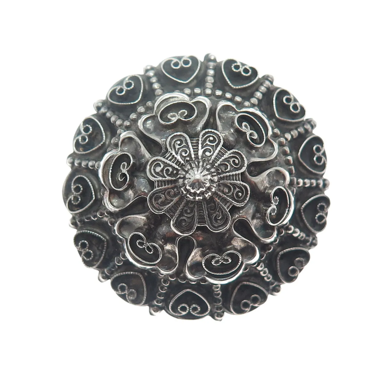 925 Sterling Silver Antique Art Deco Filigree Floral Heart Oxidized Pin Brooch