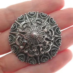 925 Sterling Silver Antique Art Deco Filigree Floral Heart Oxidized Pin Brooch