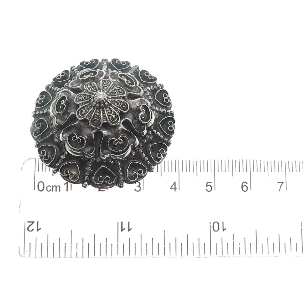 925 Sterling Silver Antique Art Deco Filigree Floral Heart Oxidized Pin Brooch