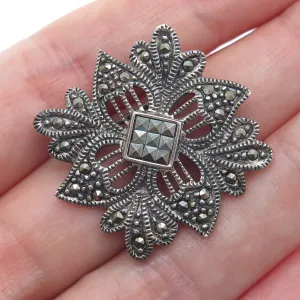 925 Sterling Silver Vintage Real Marcasite Gemstone Floral Oxidized Pin Brooch