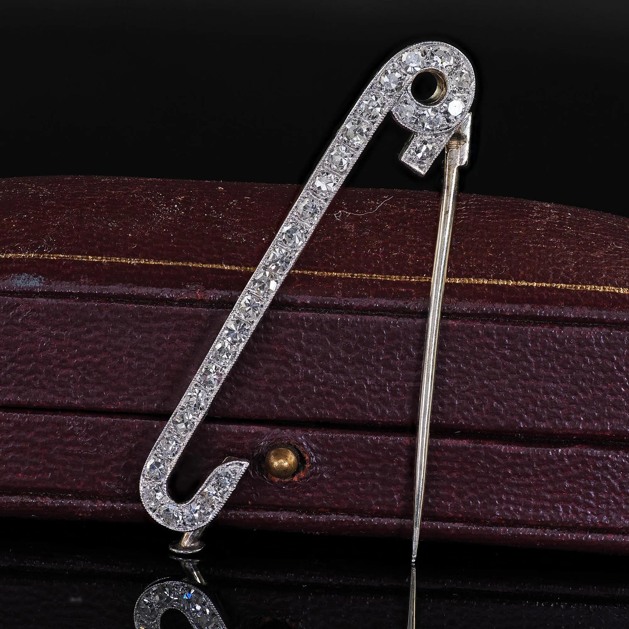 Antique Art Deco Platinum Single Cut Diamond Safety Pin Brooch