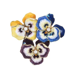 Antique Enamel 3 Pansy Pendant Brooch Diamond 14k Yellow Gold Flower 1.50"
