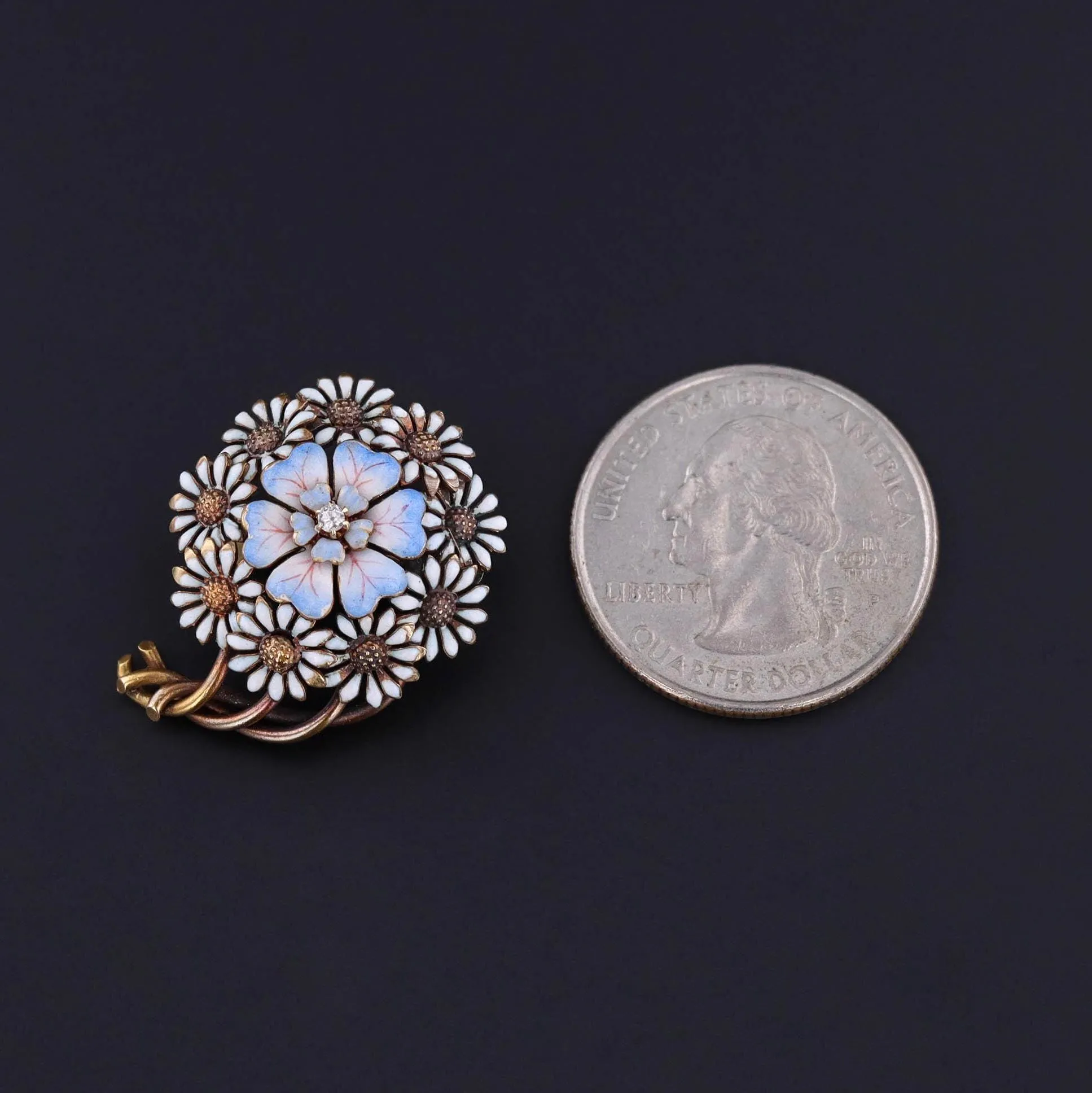 Antique Enamel Flower Brooch of 14k Gold