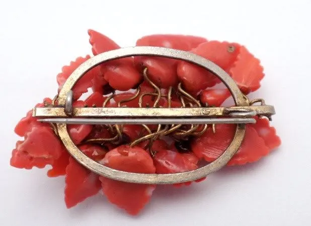 Antique Red Coral Brooch Daisies
