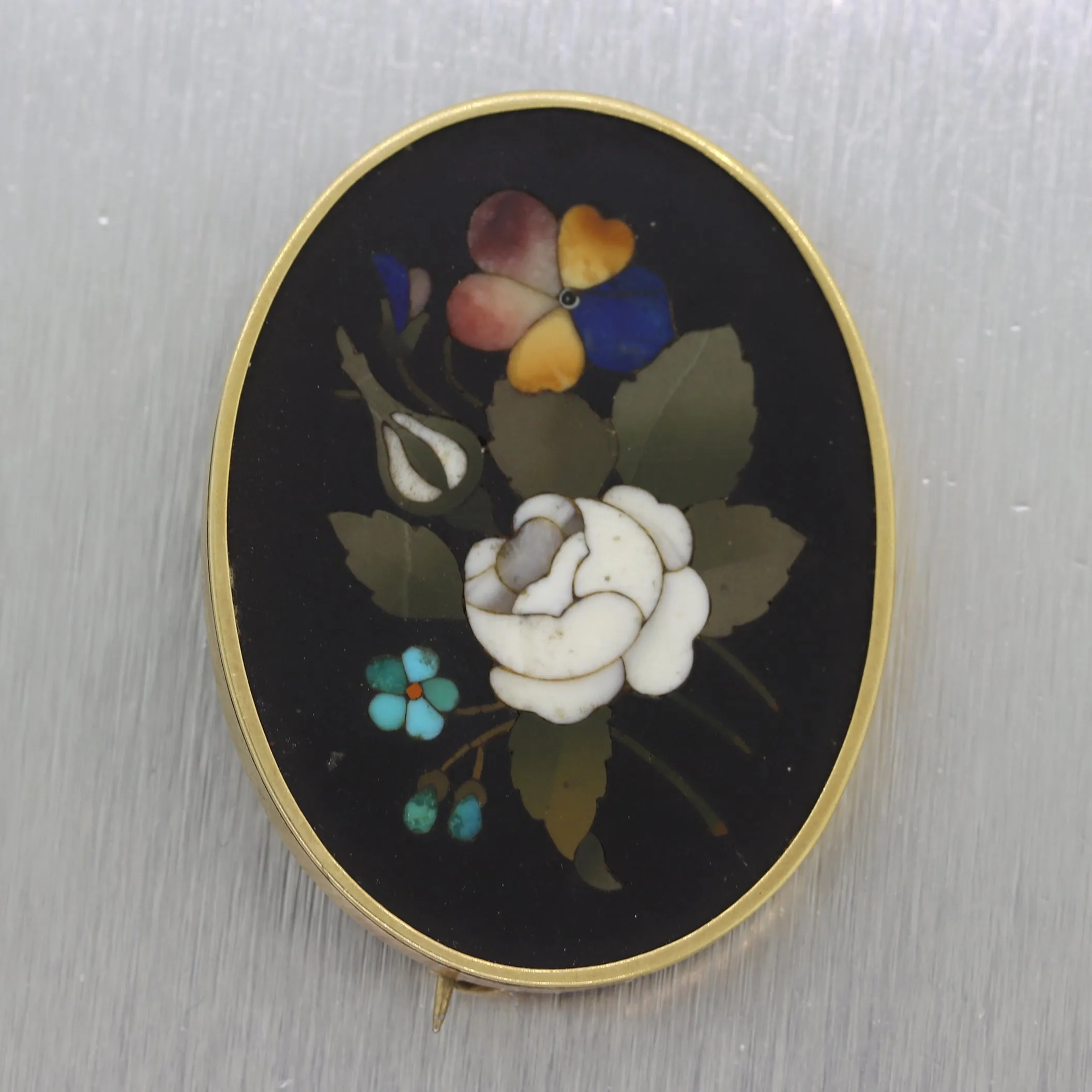 Antique Vintage Estate 14k Yellow Gold Pietra Dura Brooch Pin