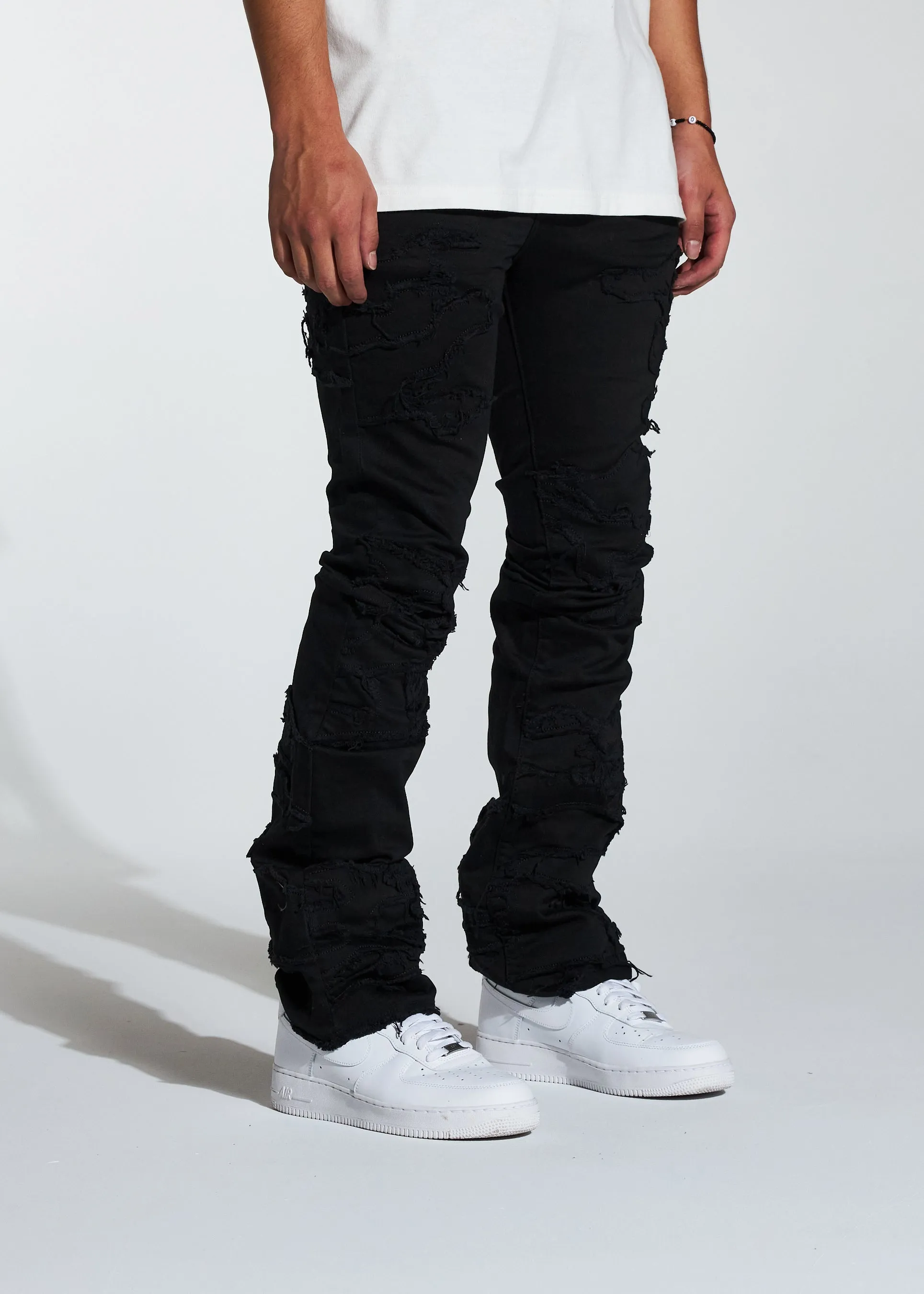 Arch Stacked Flare Denim (Black Distress)