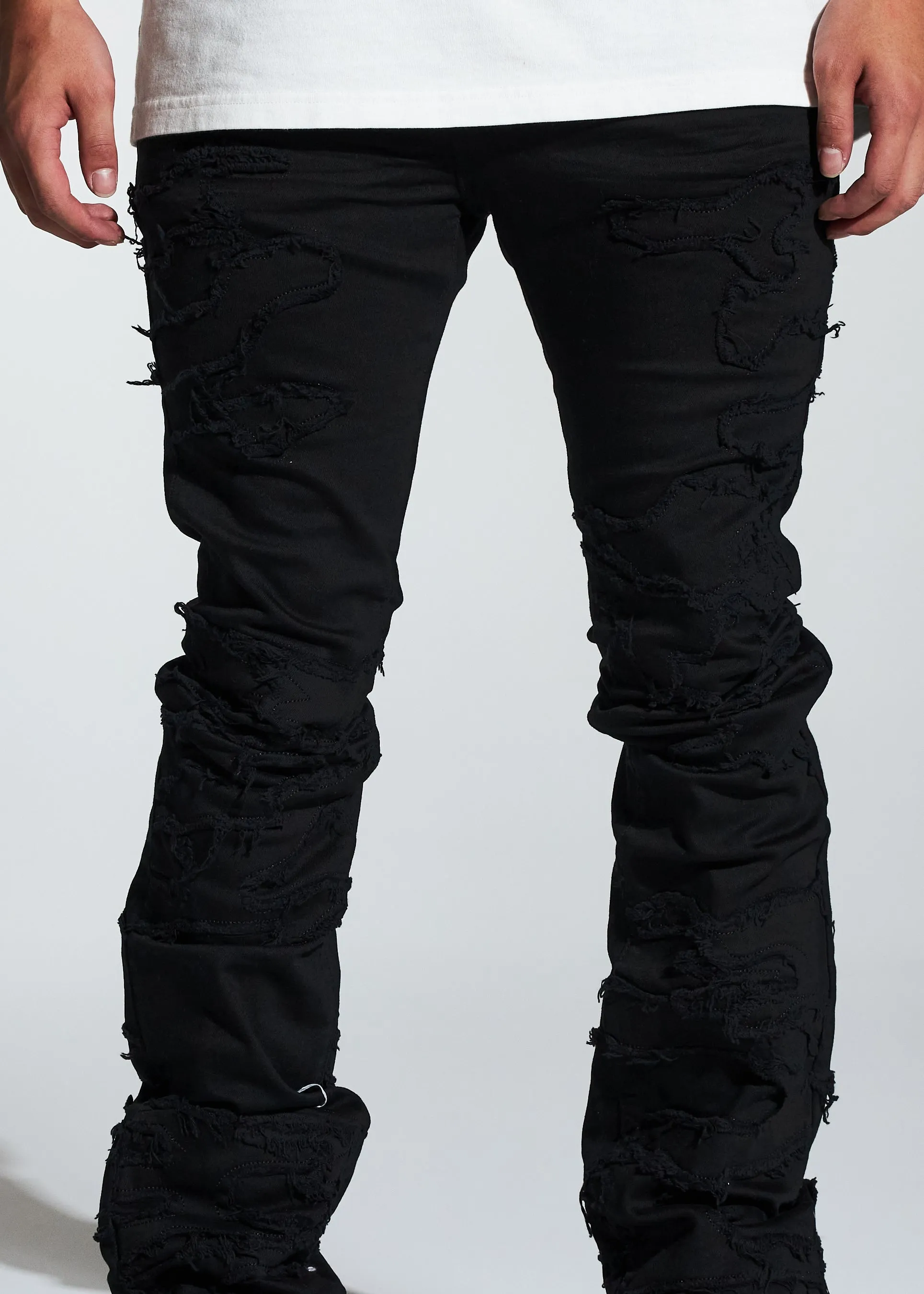 Arch Stacked Flare Denim (Black Distress)