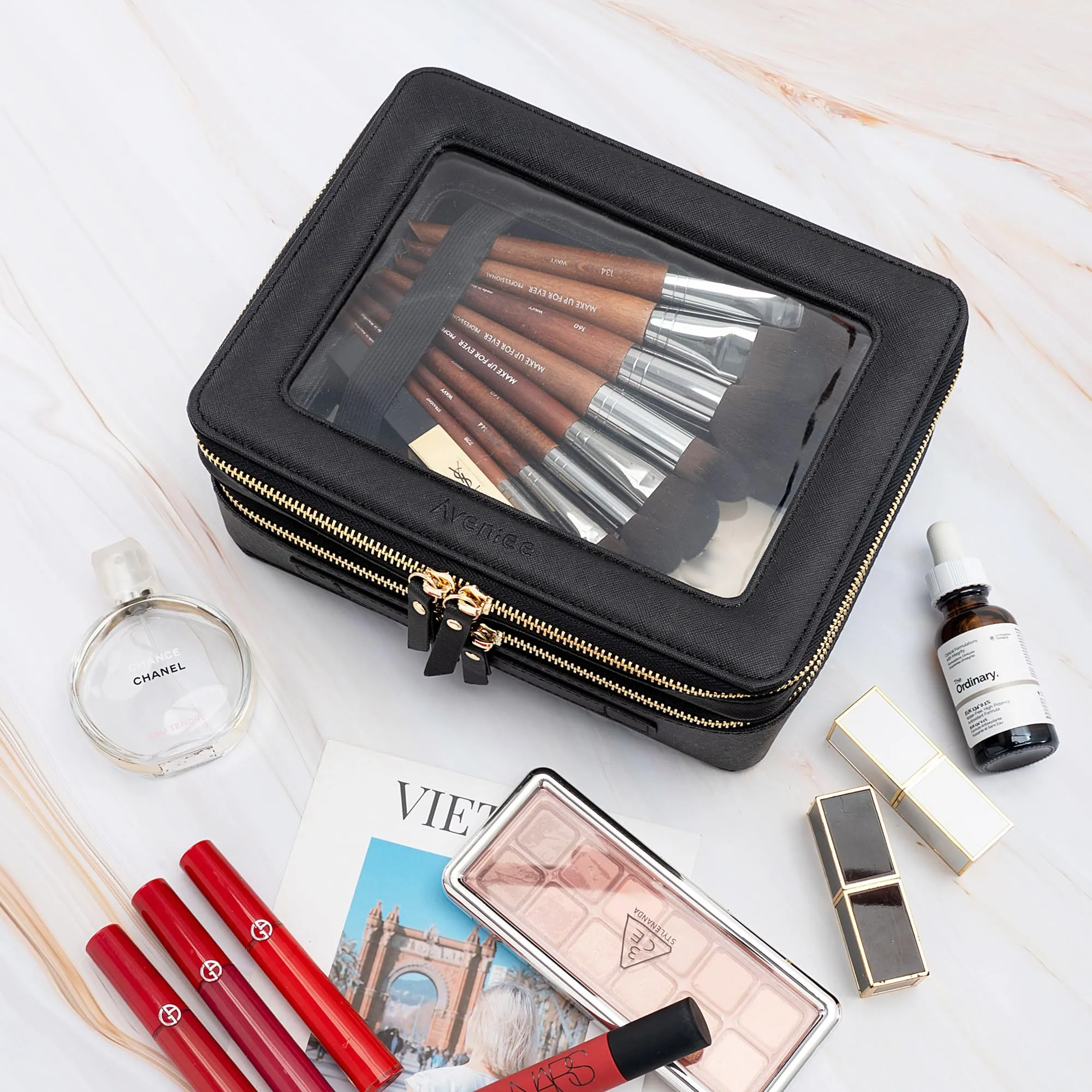 Aveniee Clear Makeup Bags, Double Layer Cosmetic Bags with a Separate Brush Compartment, Travel Toiletry Bag Train Case for Women, Travel Accessories Organizer for Purse(2 Layers Large, Black)