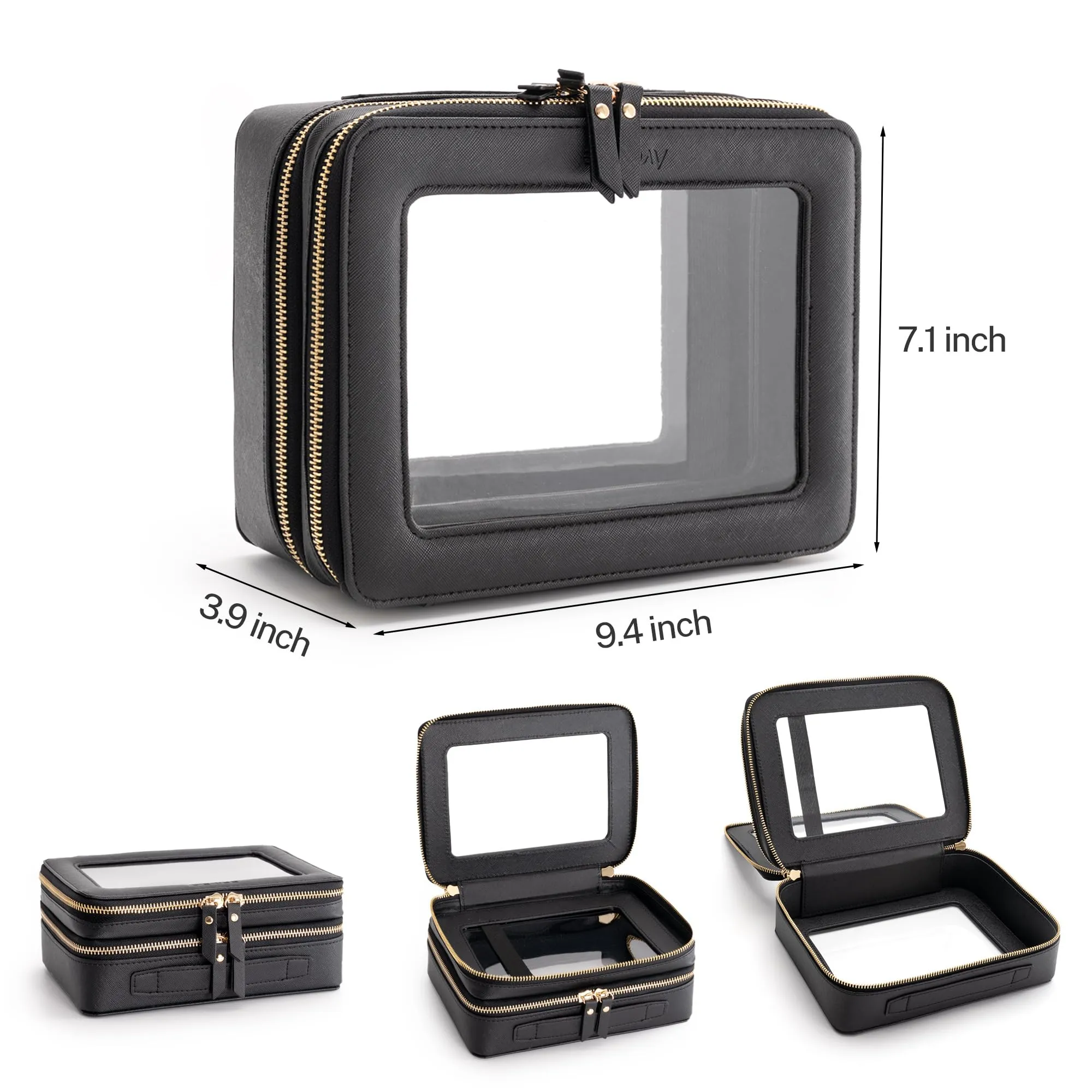 Aveniee Clear Makeup Bags, Double Layer Cosmetic Bags with a Separate Brush Compartment, Travel Toiletry Bag Train Case for Women, Travel Accessories Organizer for Purse(2 Layers Large, Black)