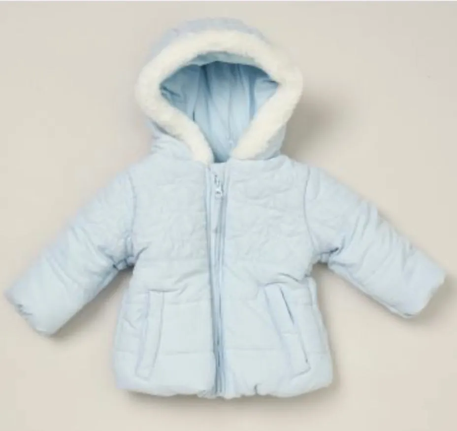 Baby Boys Blue Puffer Coat With Fur Detailing on the Hood