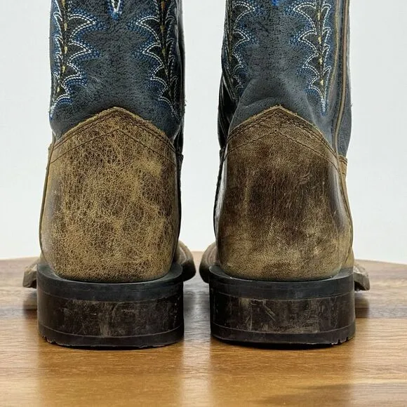 Big Kids Old West Cobalt Blue Brown Leather Square‎ Toe Cowboy Boots Size 2.5 Y
