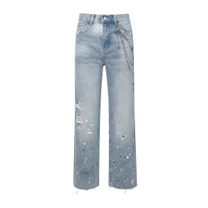 Birth Of Royal Child Chain Ink Print Detailed Patch Jeans