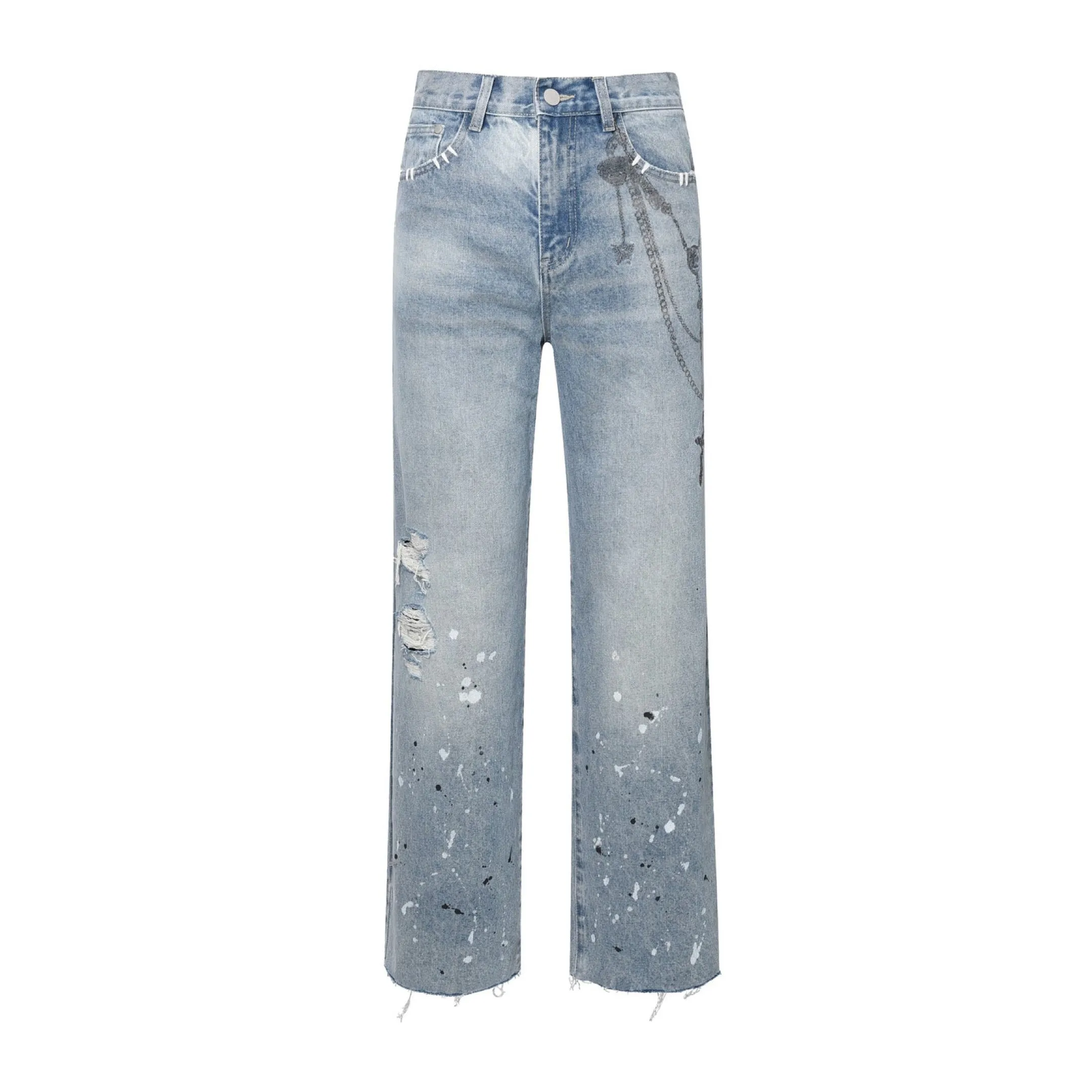 Birth Of Royal Child Chain Ink Print Detailed Patch Jeans