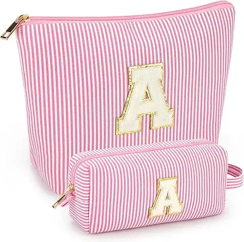Birthday Gifts | Personalized Initial Makeup Bag Pink Cosmetic Bag Travel Toiletry Bag Girlfriend Teacher Gifts 11 12 13 14 15 16 Years Old Girl Gifts Teen Girl Gifts Trendy Stuff A