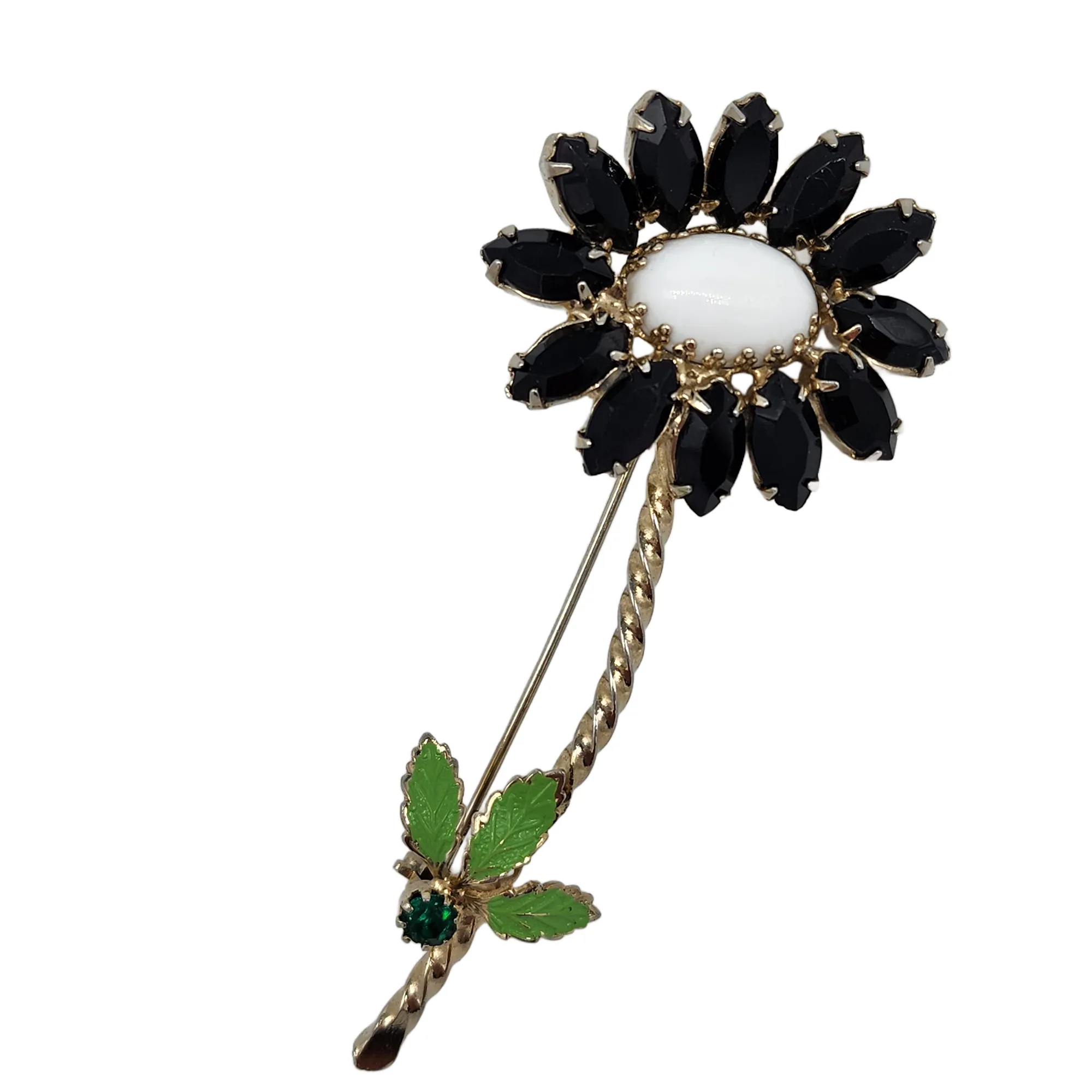 Black and White Rhinestone Flower Brooch