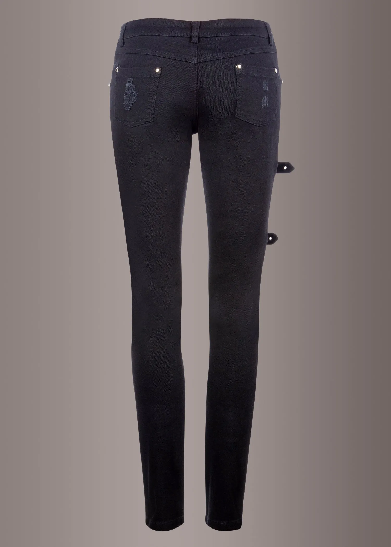 Black Denim Ripped Skinny Jeans with Buckles