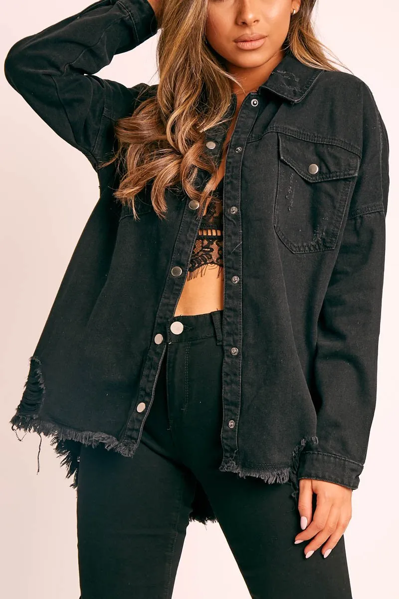Black Distressed Denim Oversized Shirt - Deena