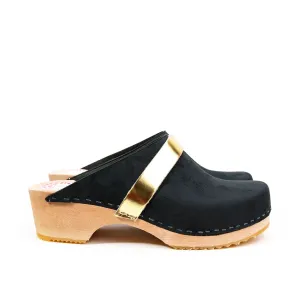 Black Leather & Wood Handmade Clogs