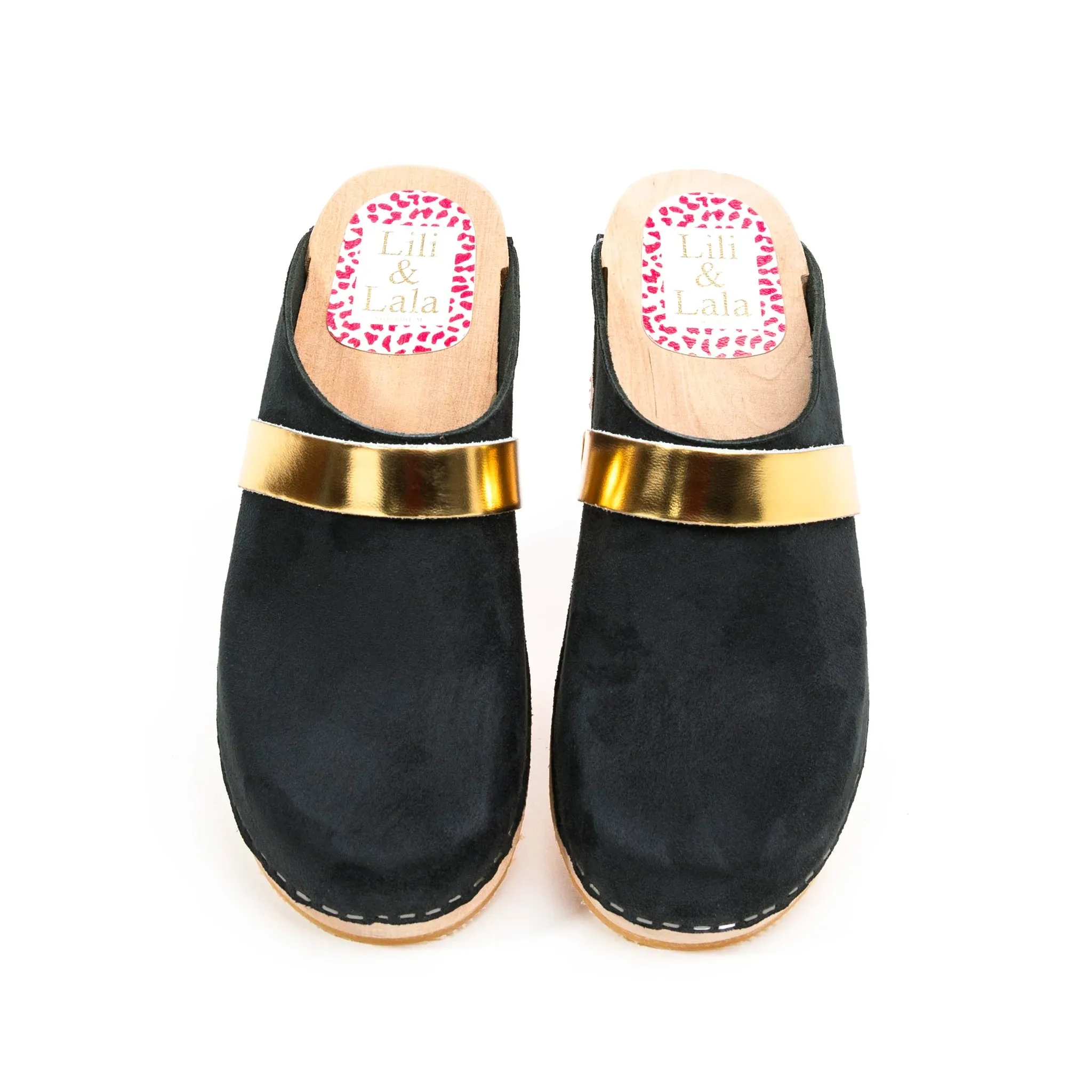 Black Leather & Wood Handmade Clogs