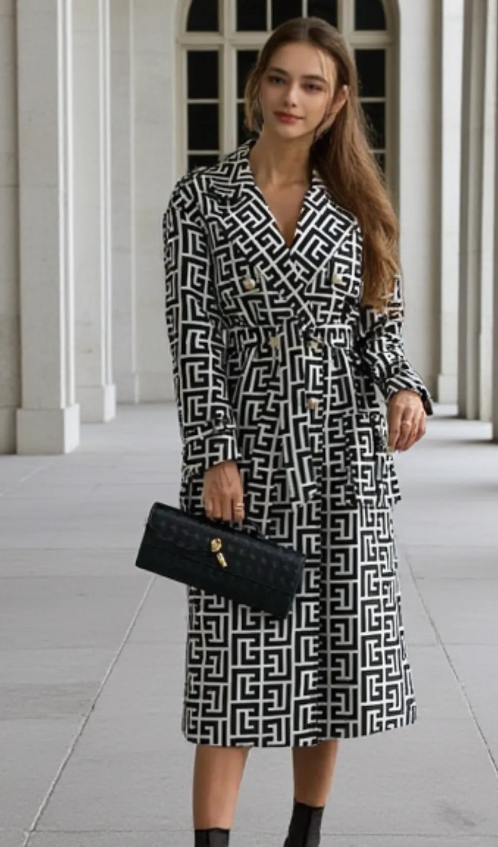 black monogrammed trench coat