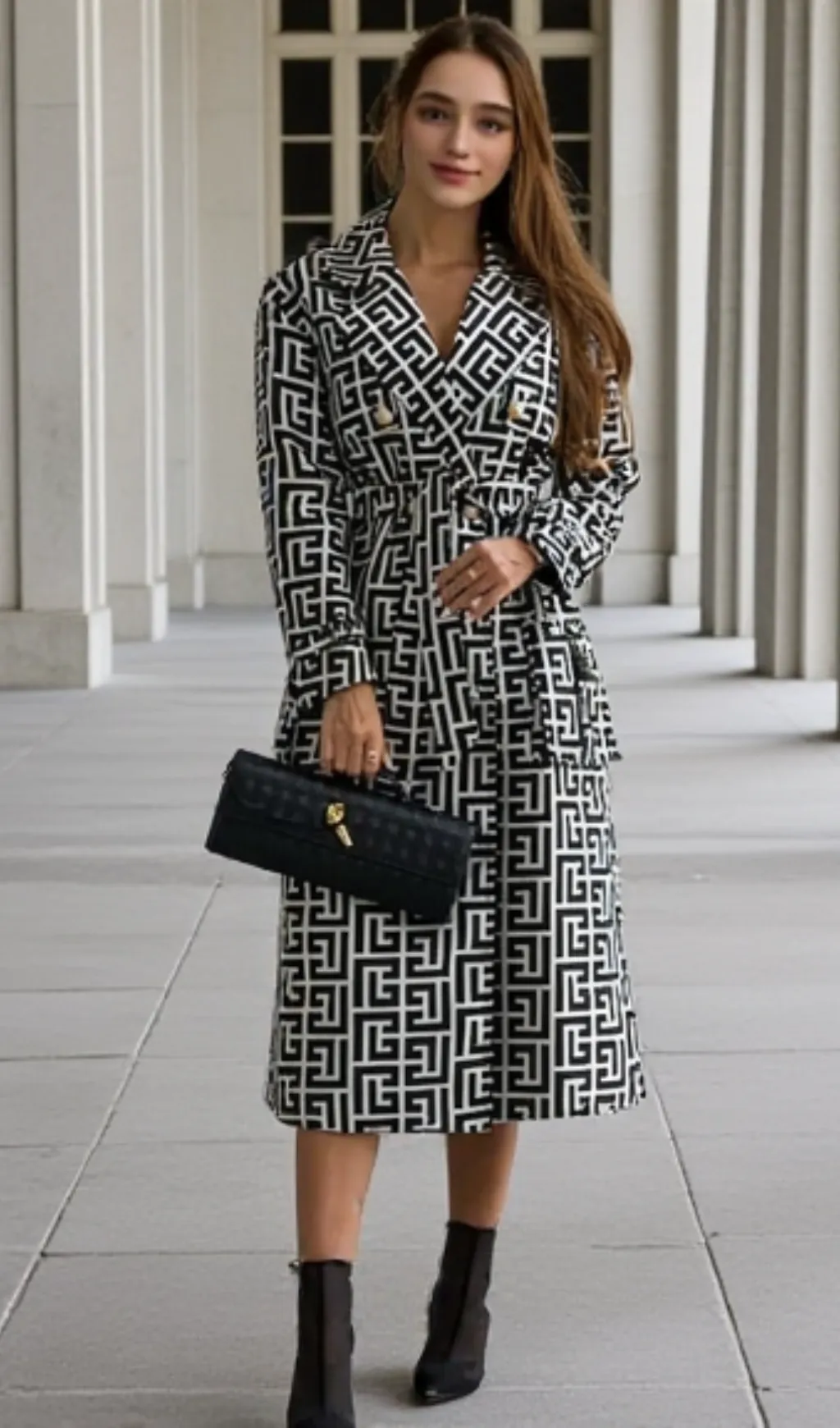 black monogrammed trench coat
