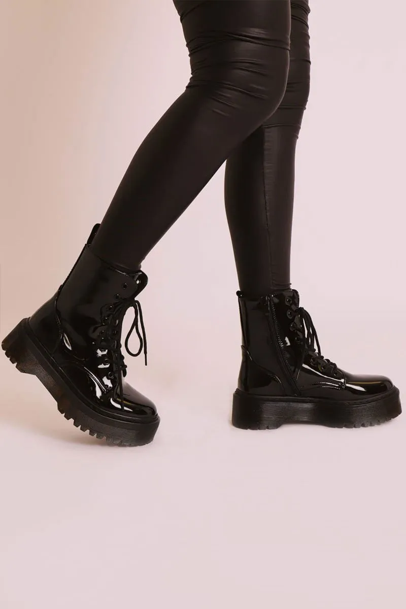 Black Patent Leather Double Sole Boots - Dakoda
