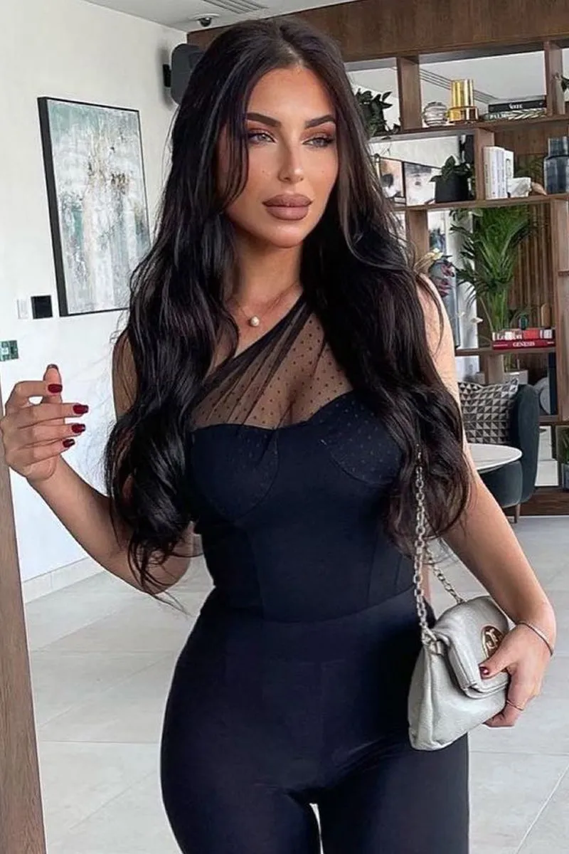 Black Polka Mesh Corset One Shoulder Bodysuit - Carrie