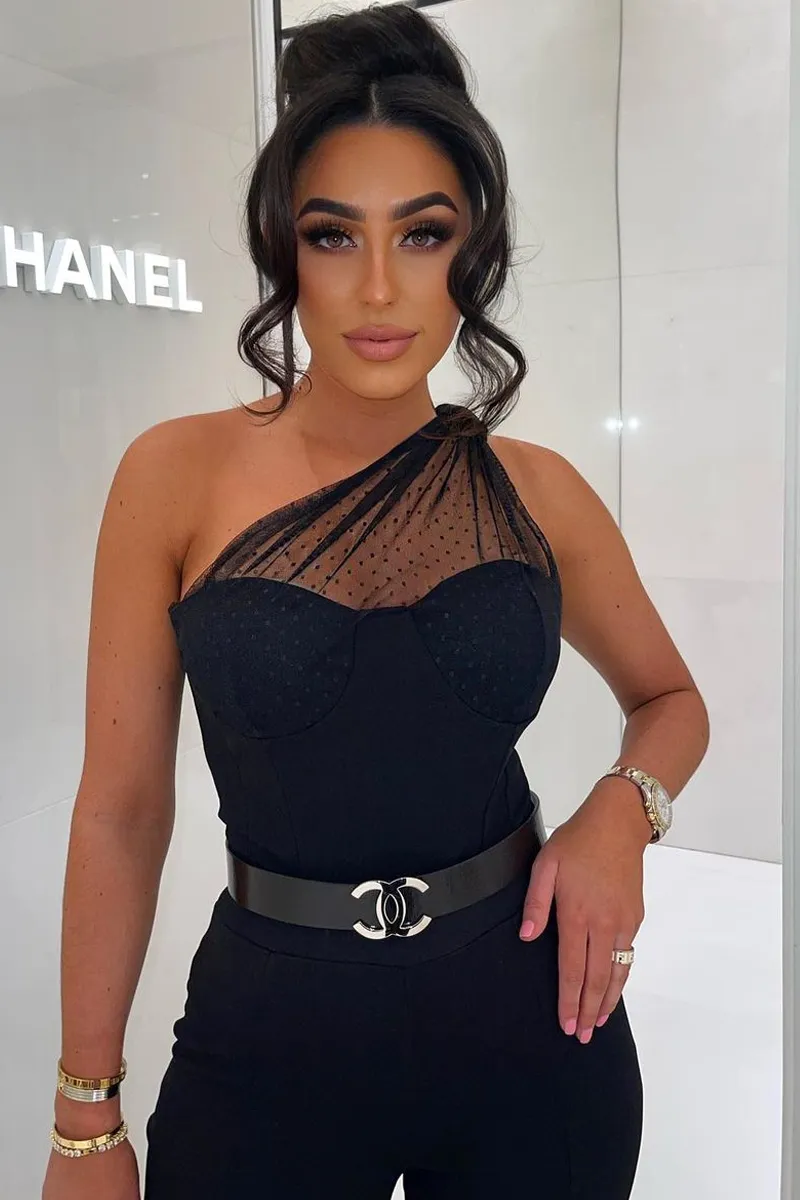 Black Polka Mesh Corset One Shoulder Bodysuit - Carrie