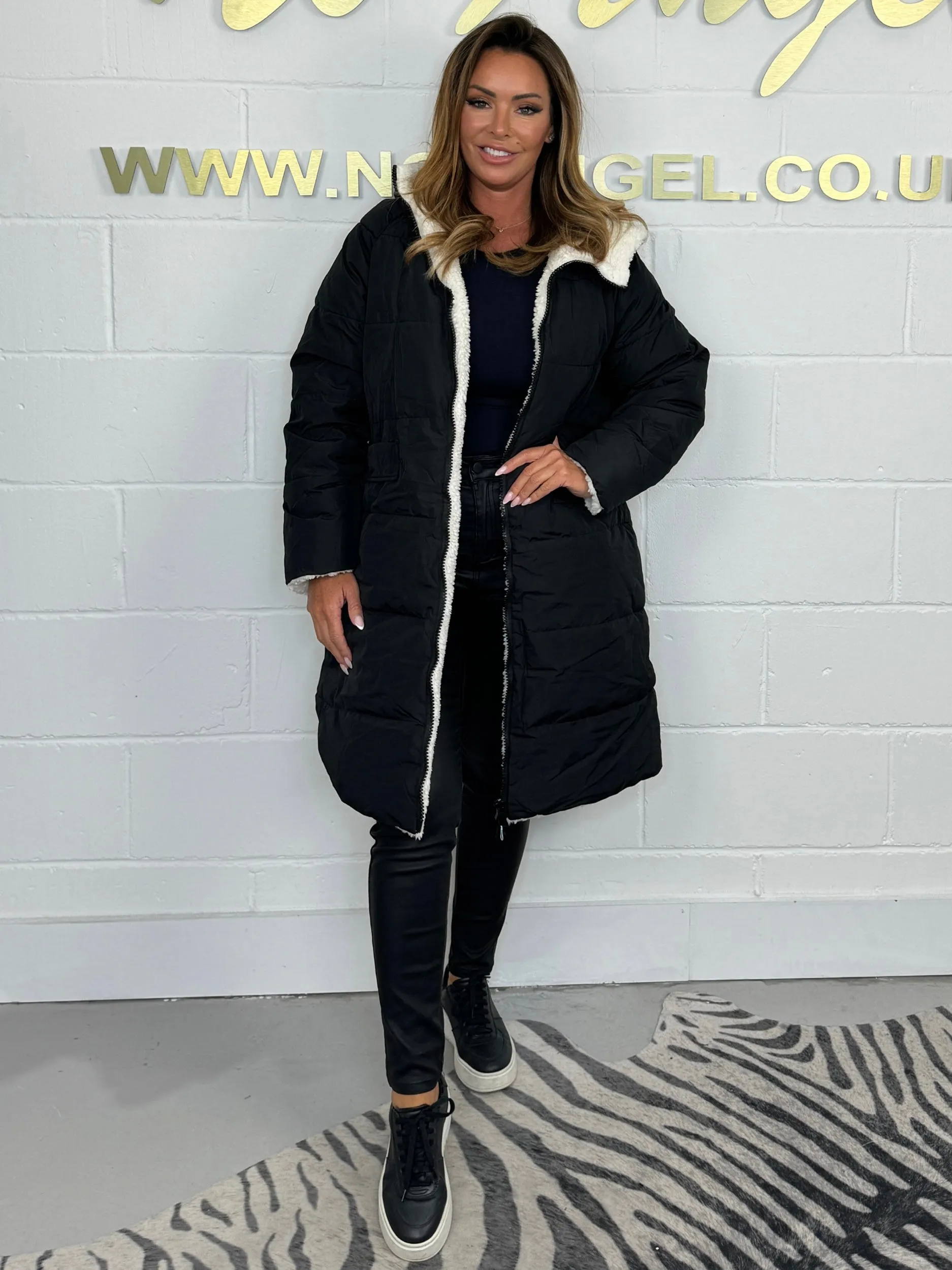 Black Reversible Teddy Puffer Coat