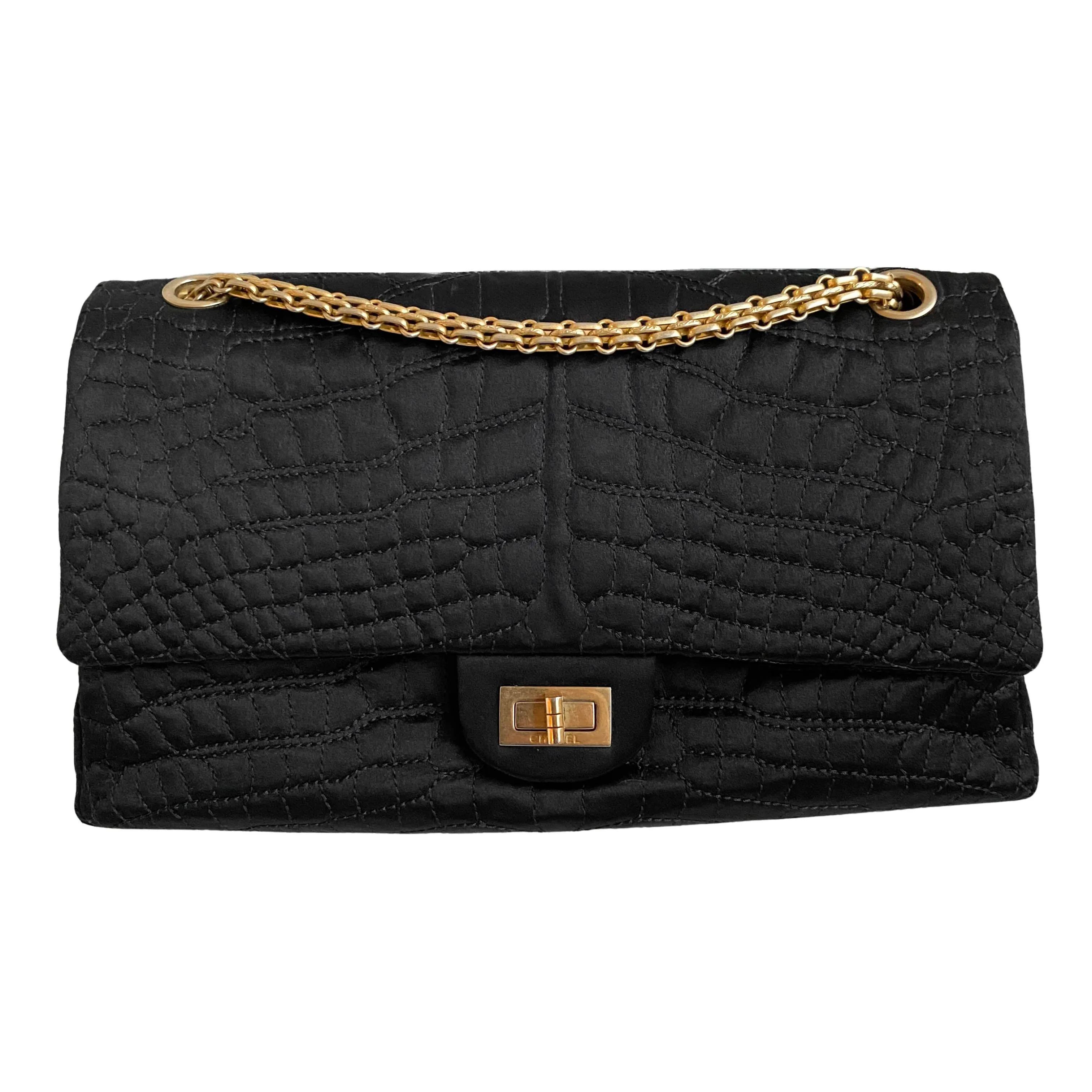 Black Satin Croc Embossed 2.55 Reissue Flap Bag Size 226