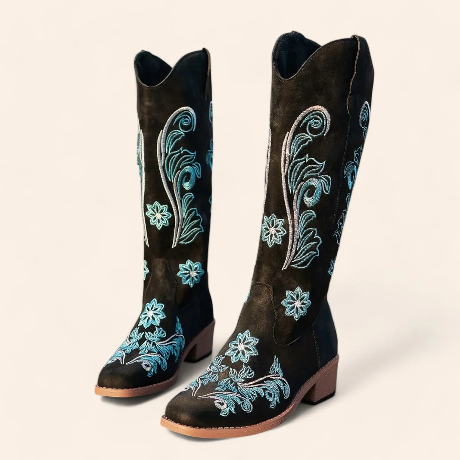 Black suede cowboy boots with blue embroidery - N°94