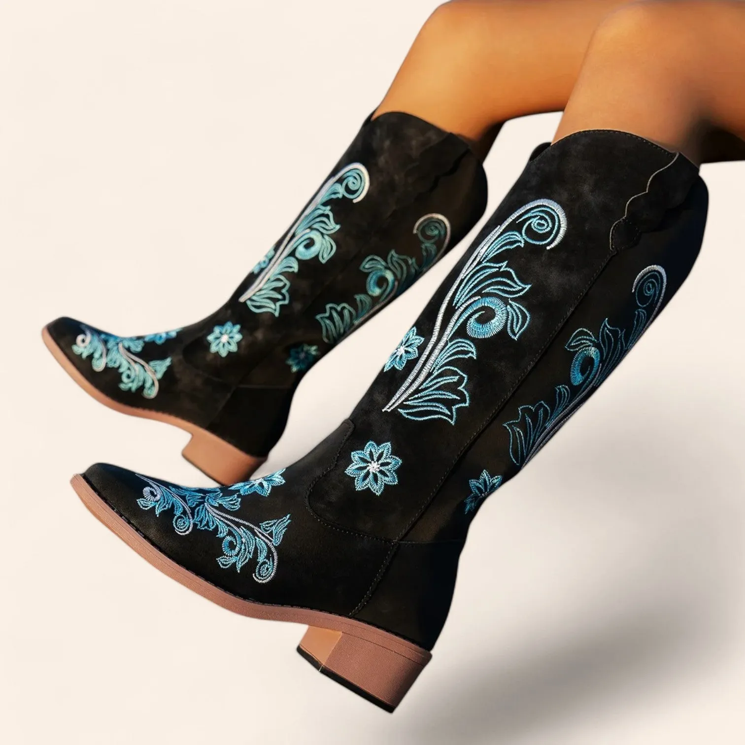 Black suede cowboy boots with blue embroidery - N°94
