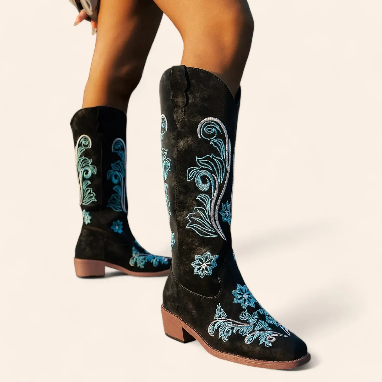 Black suede cowboy boots with blue embroidery - N°94