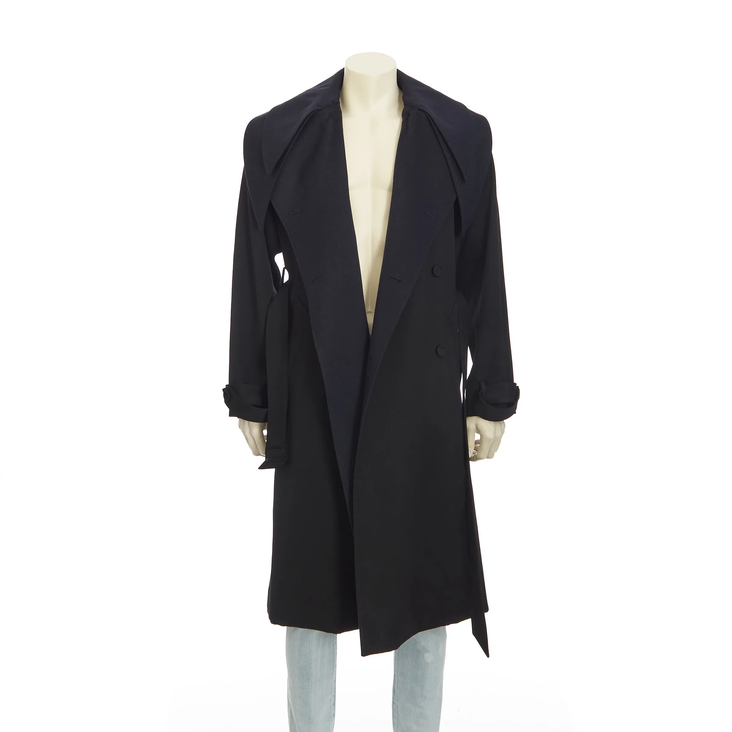 Black Wool Trench Coat With Bandana Collar