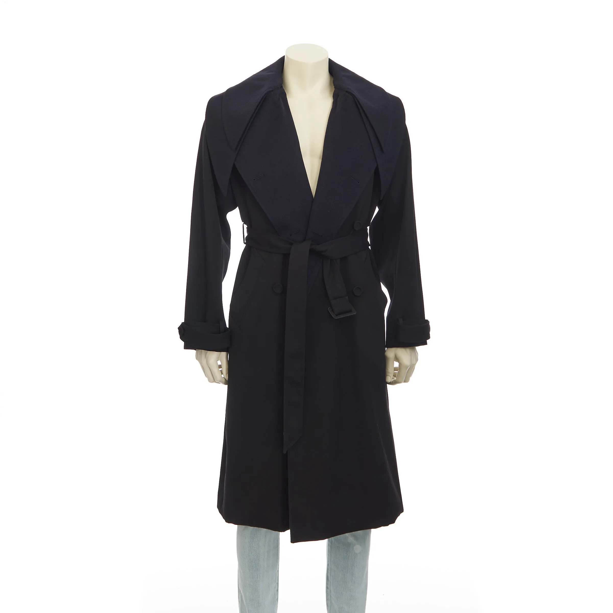 Black Wool Trench Coat With Bandana Collar
