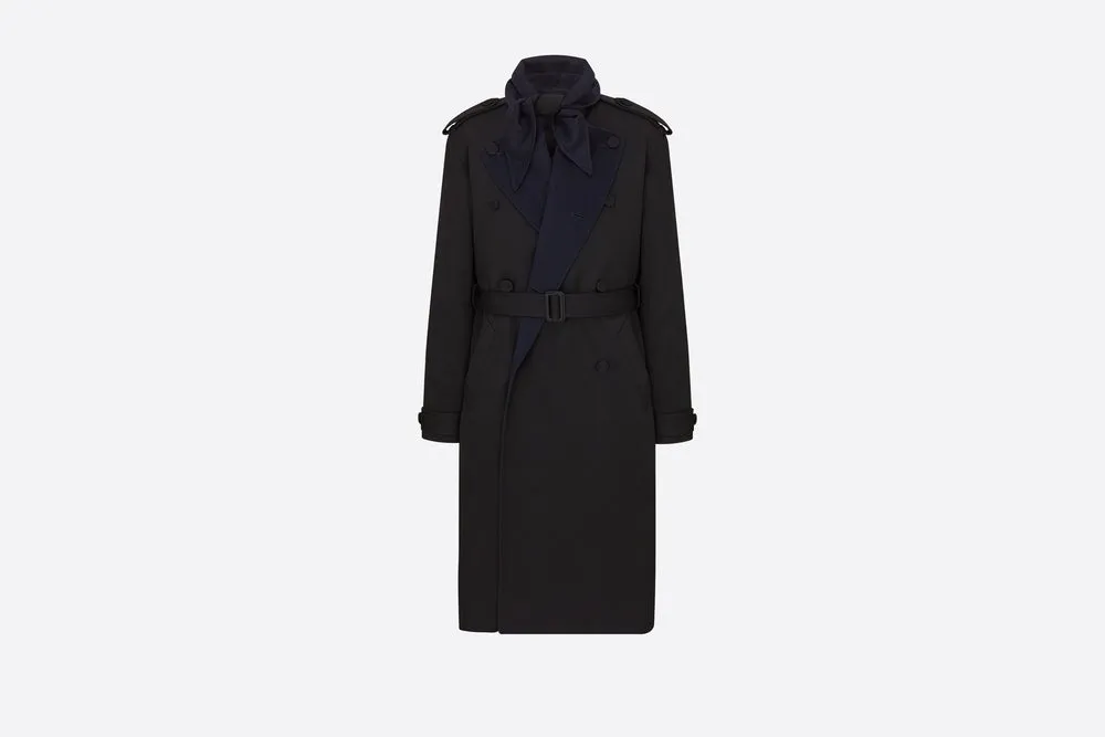 Black Wool Trench Coat With Bandana Collar