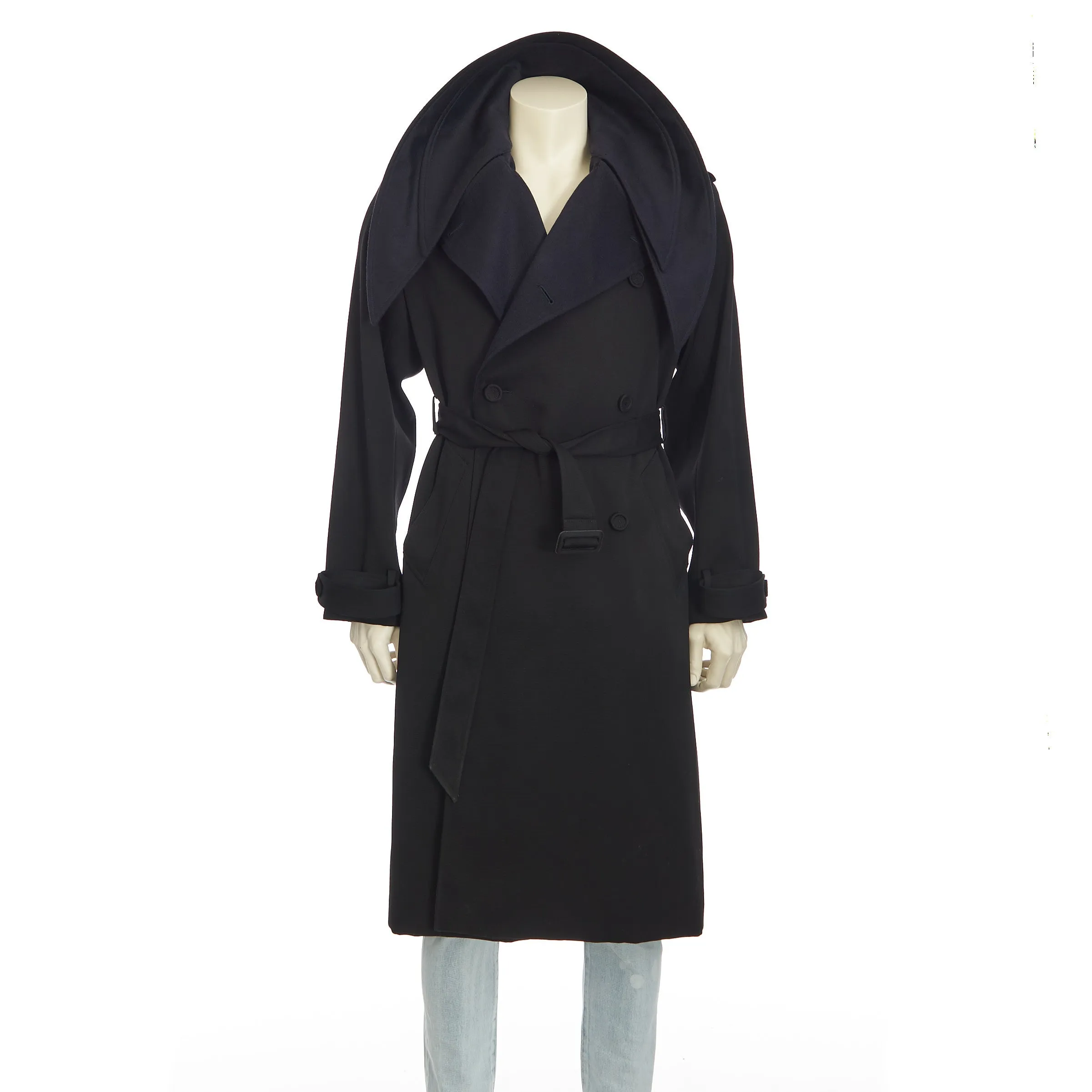 Black Wool Trench Coat With Bandana Collar